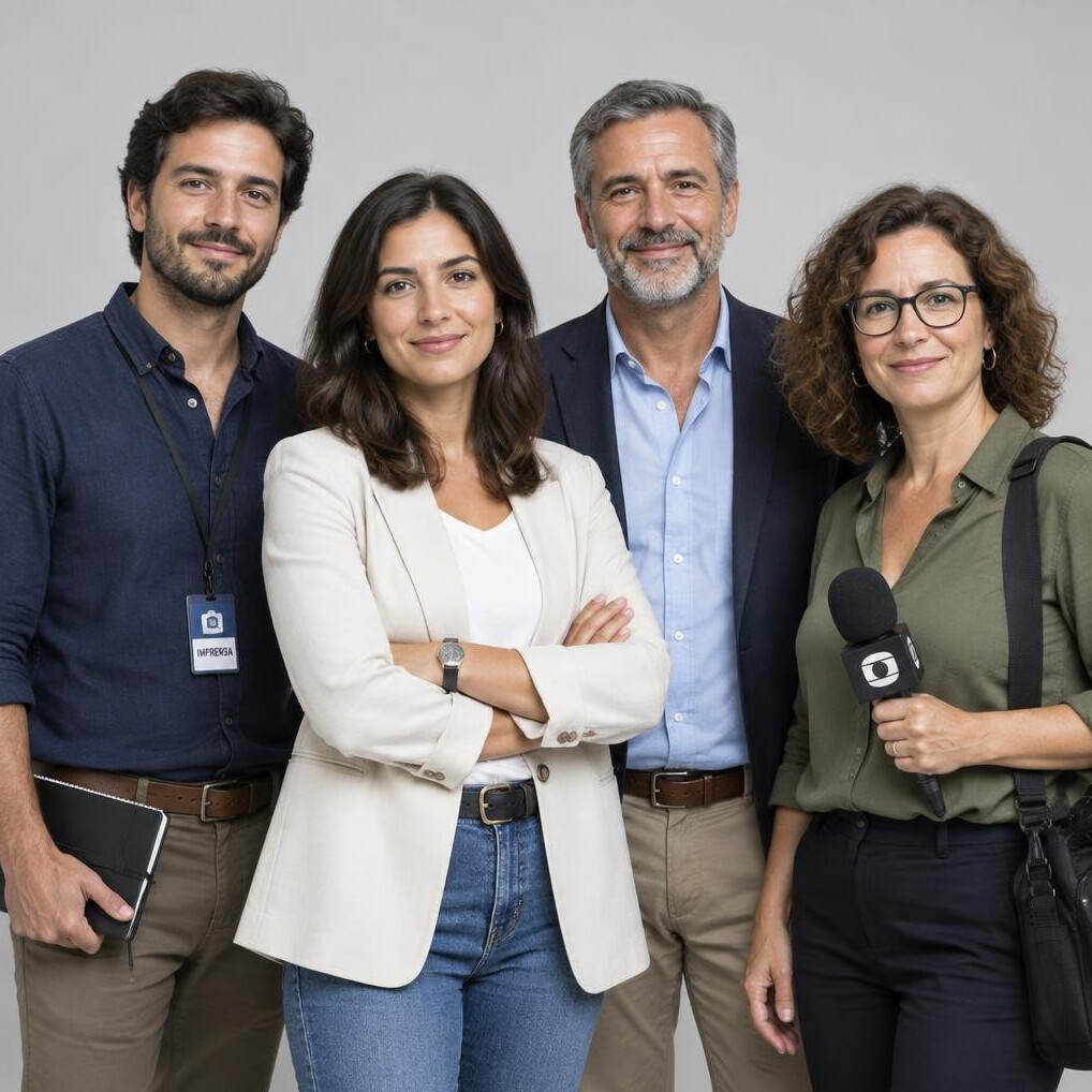 Group of four diverse Portuguese journalists standing together