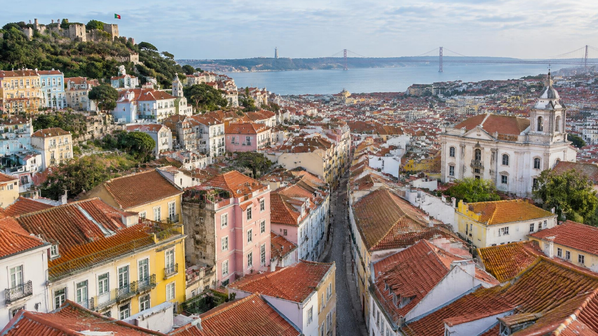 Aerial view of Lisbon rooftops and streets