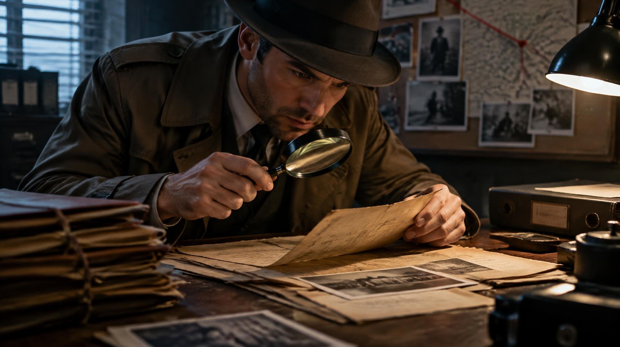 detective examining old documents